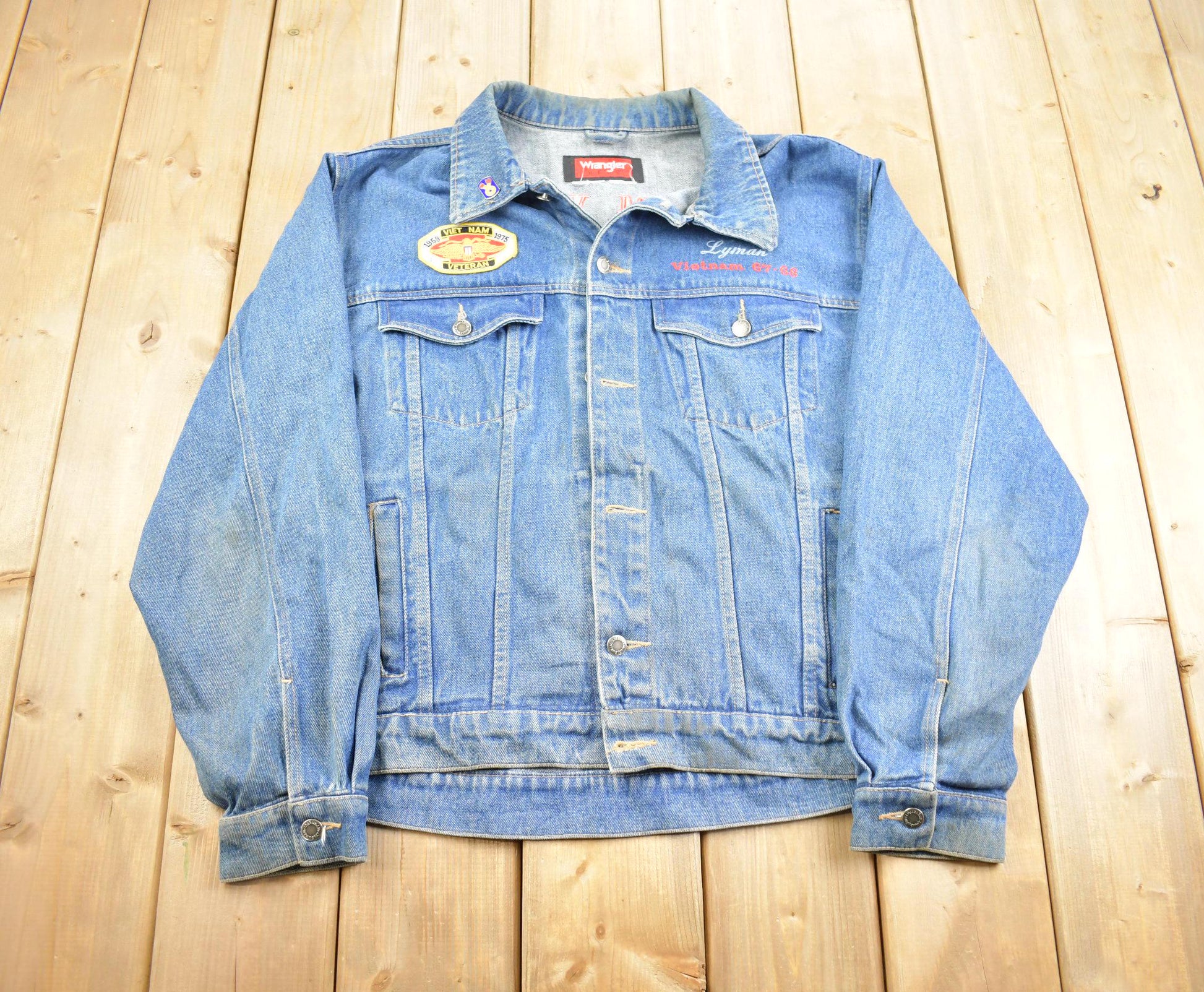 Vintage 1970s Wrangler Hero Vietnam Veteran Harley Davidson Embroidered Jean Jacket Made In USA