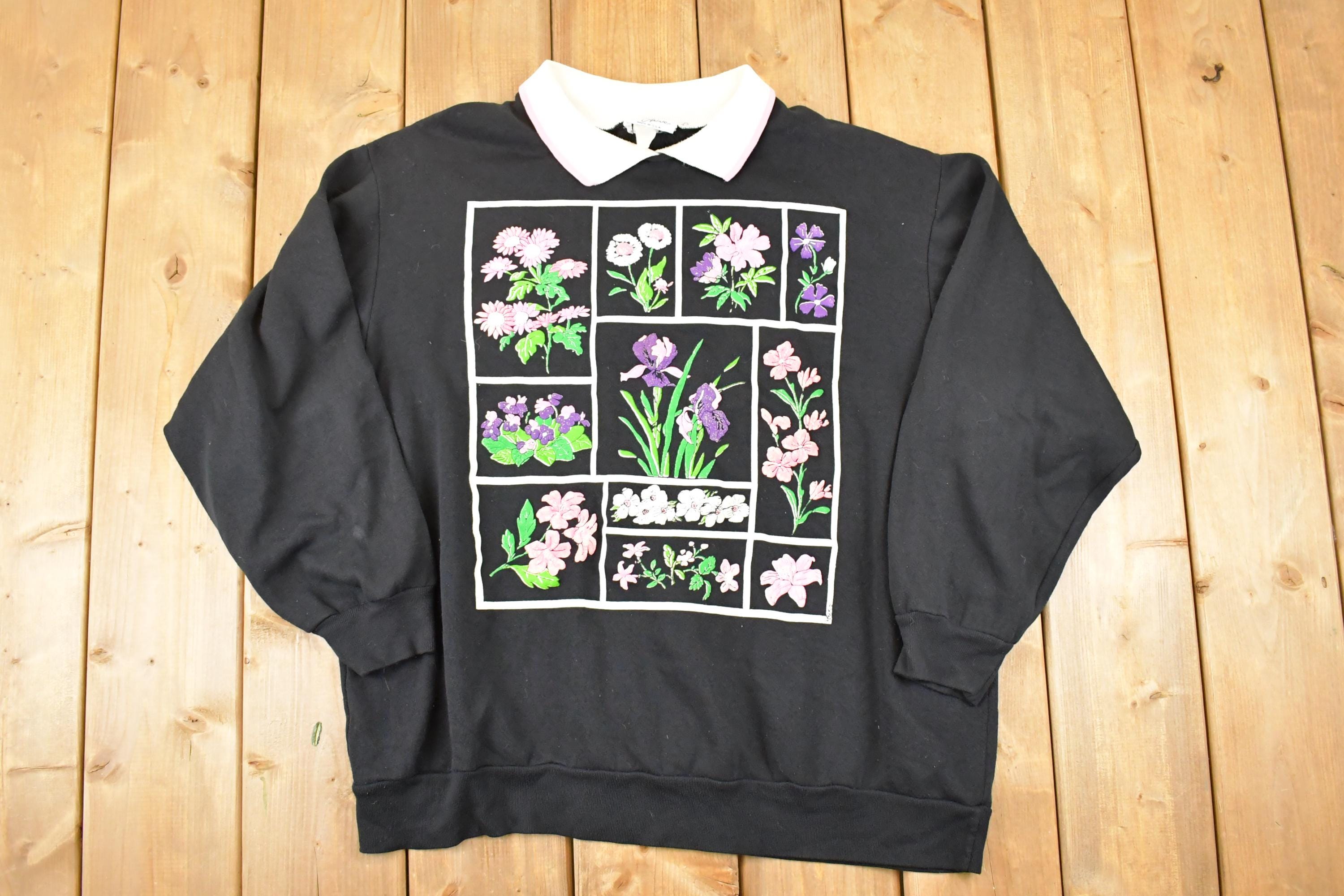 Vintage 1990s Alyssa Anne Floral Graphic Print Collared Sweatshirt Women's L