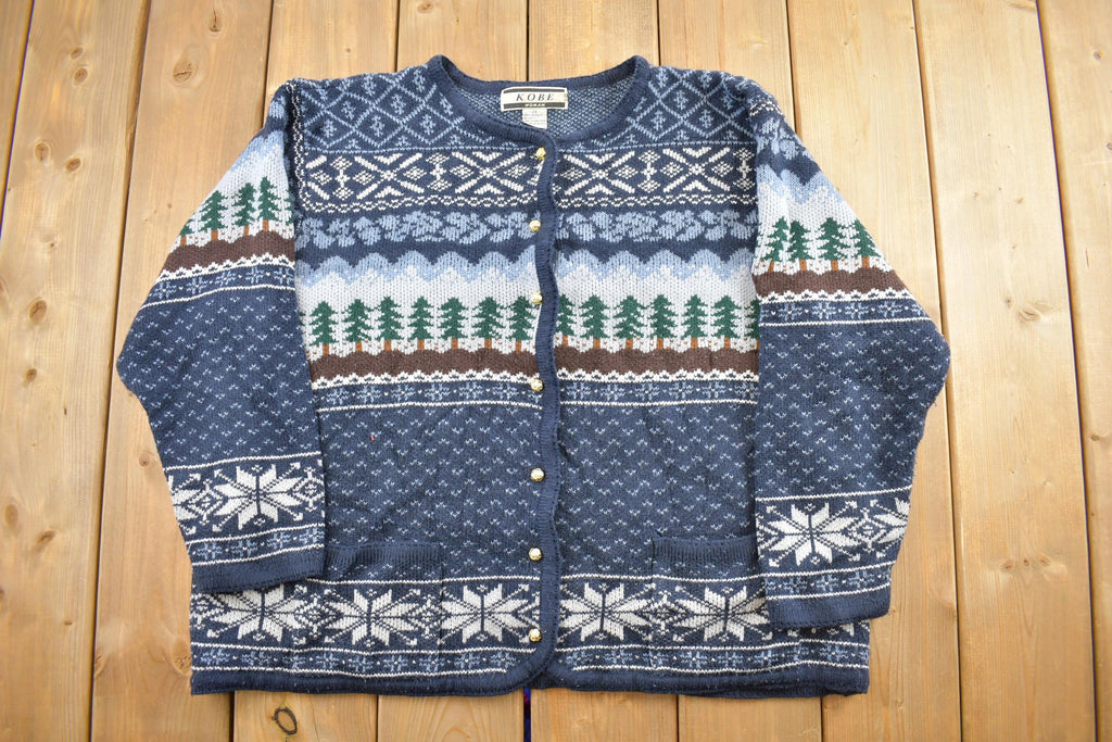 Vintage 1990s festive Cable Knit Button up Crewneck Sweater