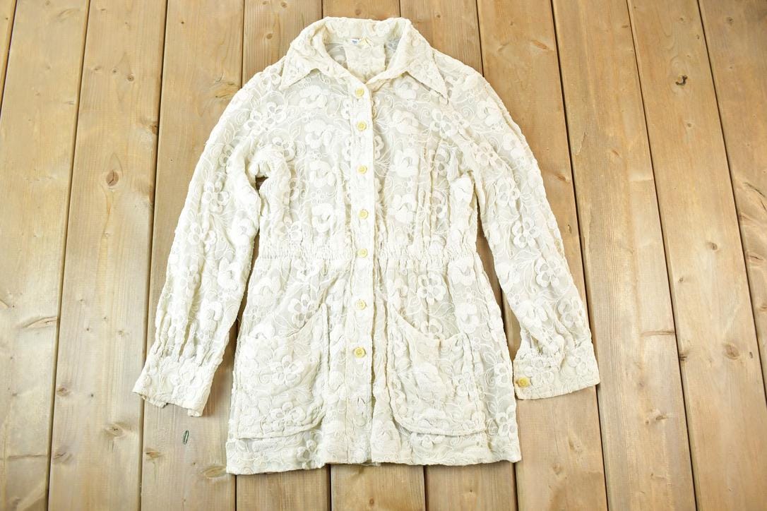 Vintage 1960s Lace Floral Knit Abstract Pattern Crewneck Sweater Women's Small