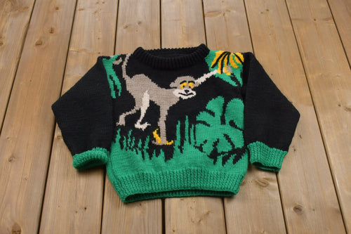 Vintage Youth Sized Swinging Monkey Knitted Sweater / Vintage 90s Crewneck / Pattern Sweater / Outdoor / Hand Knit / Pullover Sweatshirt