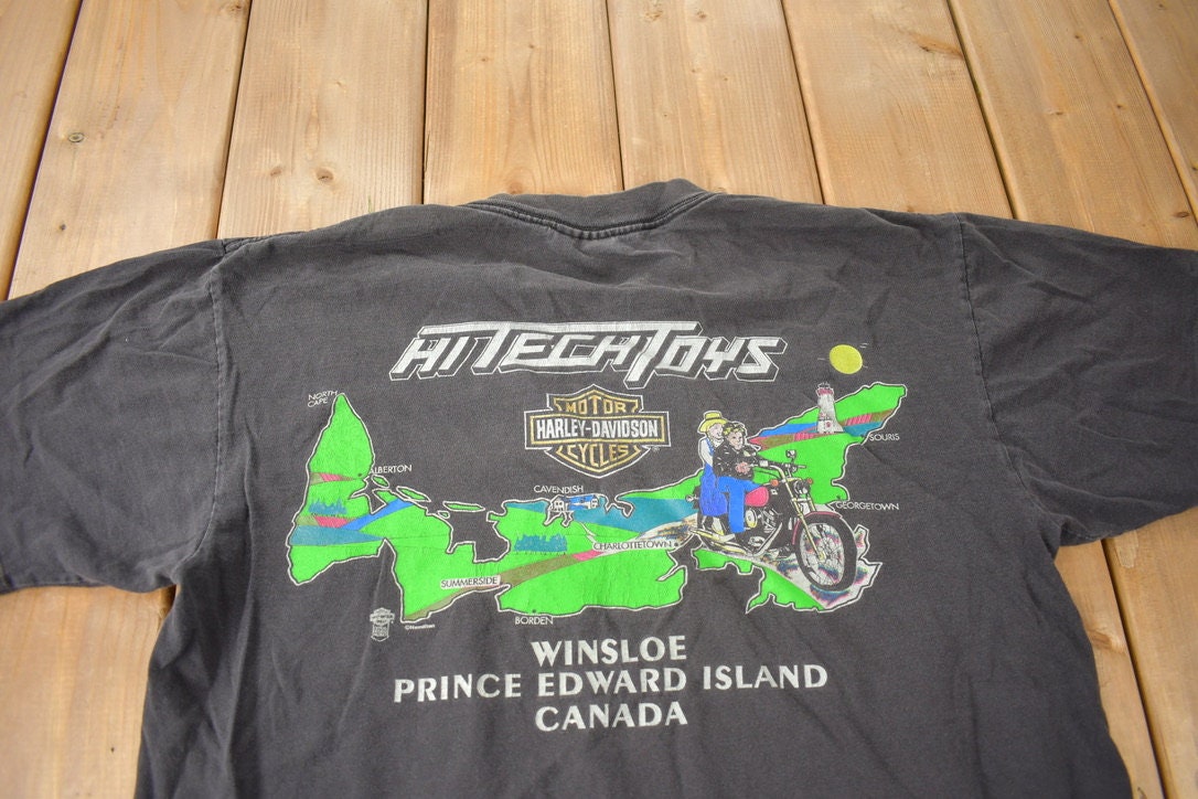 Vintage 1990s Hi Tech Toys Harley Davidson Winsloe Prince Edward Island Single Stitch Graphic T-Shirt Made In USA
