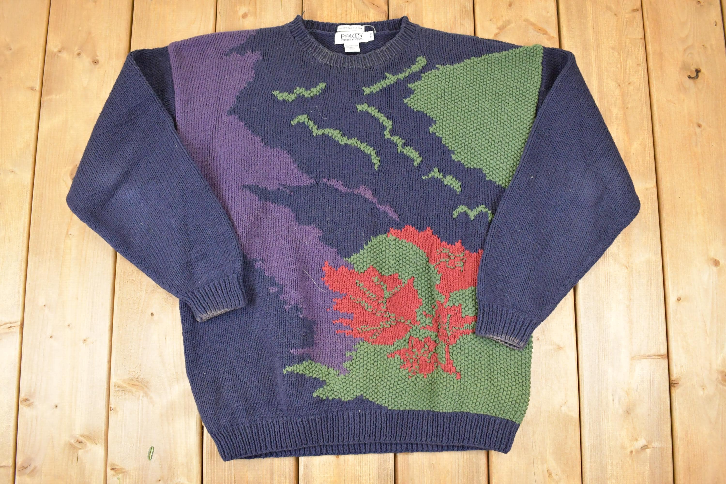 Vintage 1990s Ports International Hand Knit Abstract Forest Crewneck Sweater Men's L