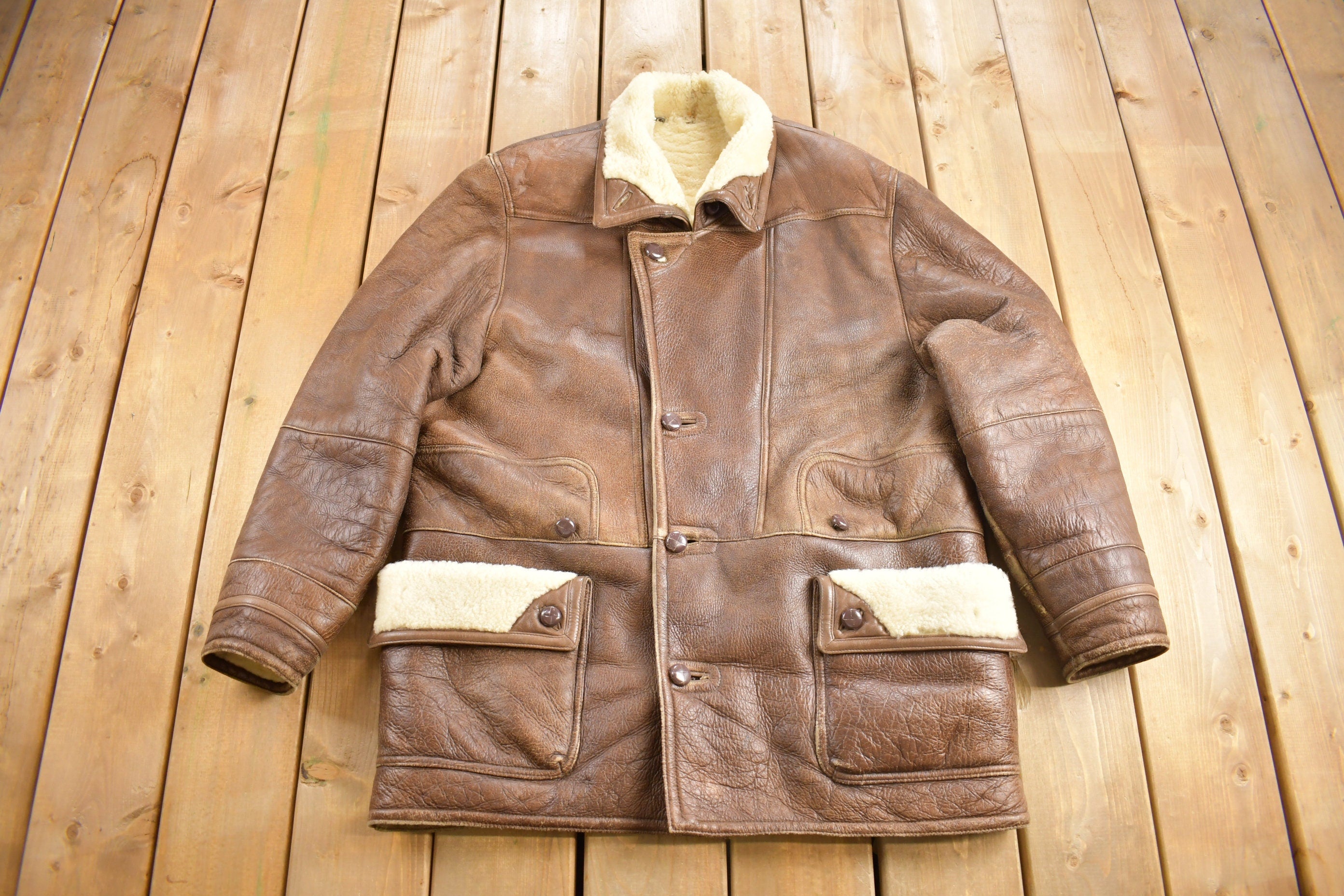 Vintage 1980s Shearling Leather Coat Size 52