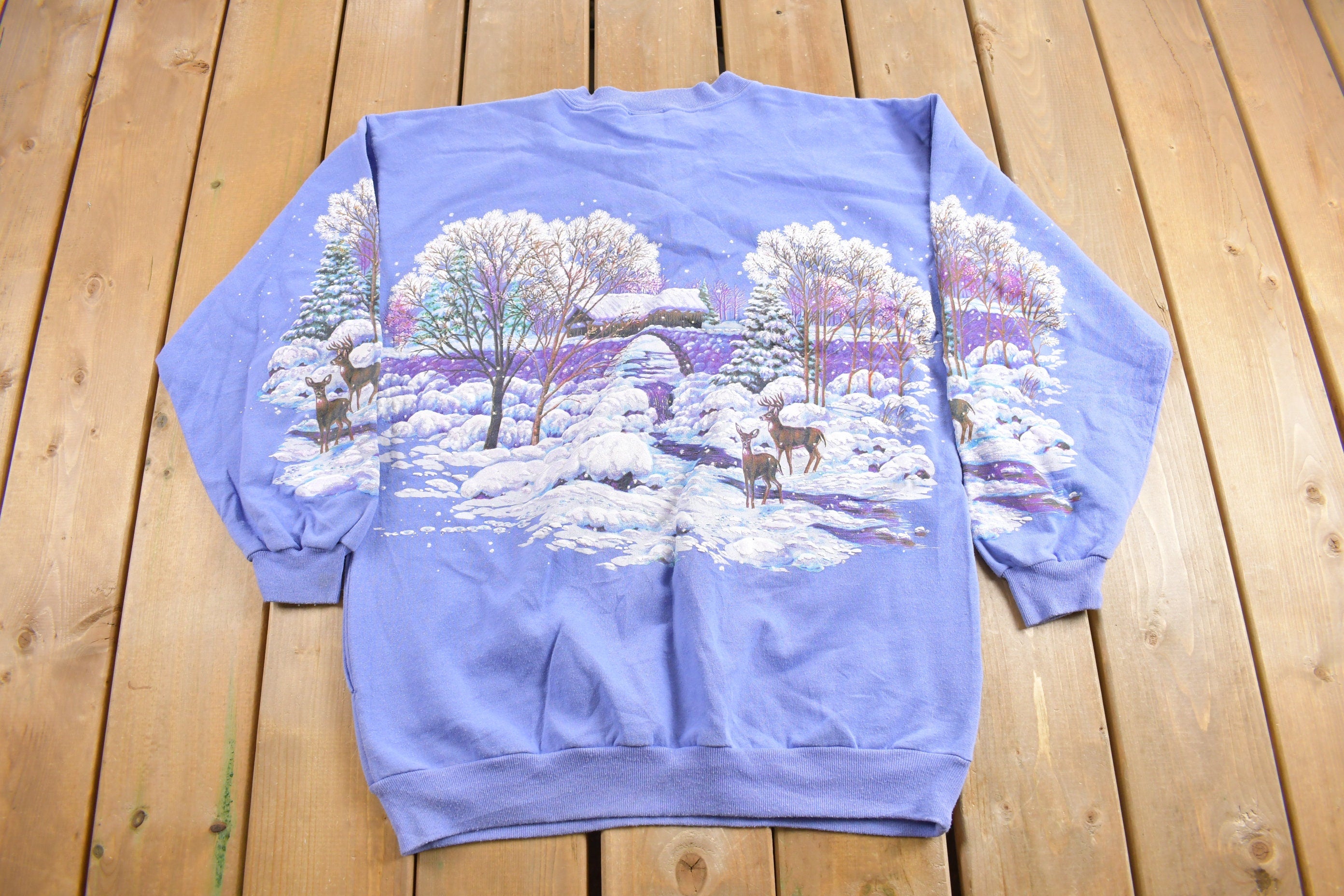 Vintage 1990s Winter Theme All Over Print Henley Sweater