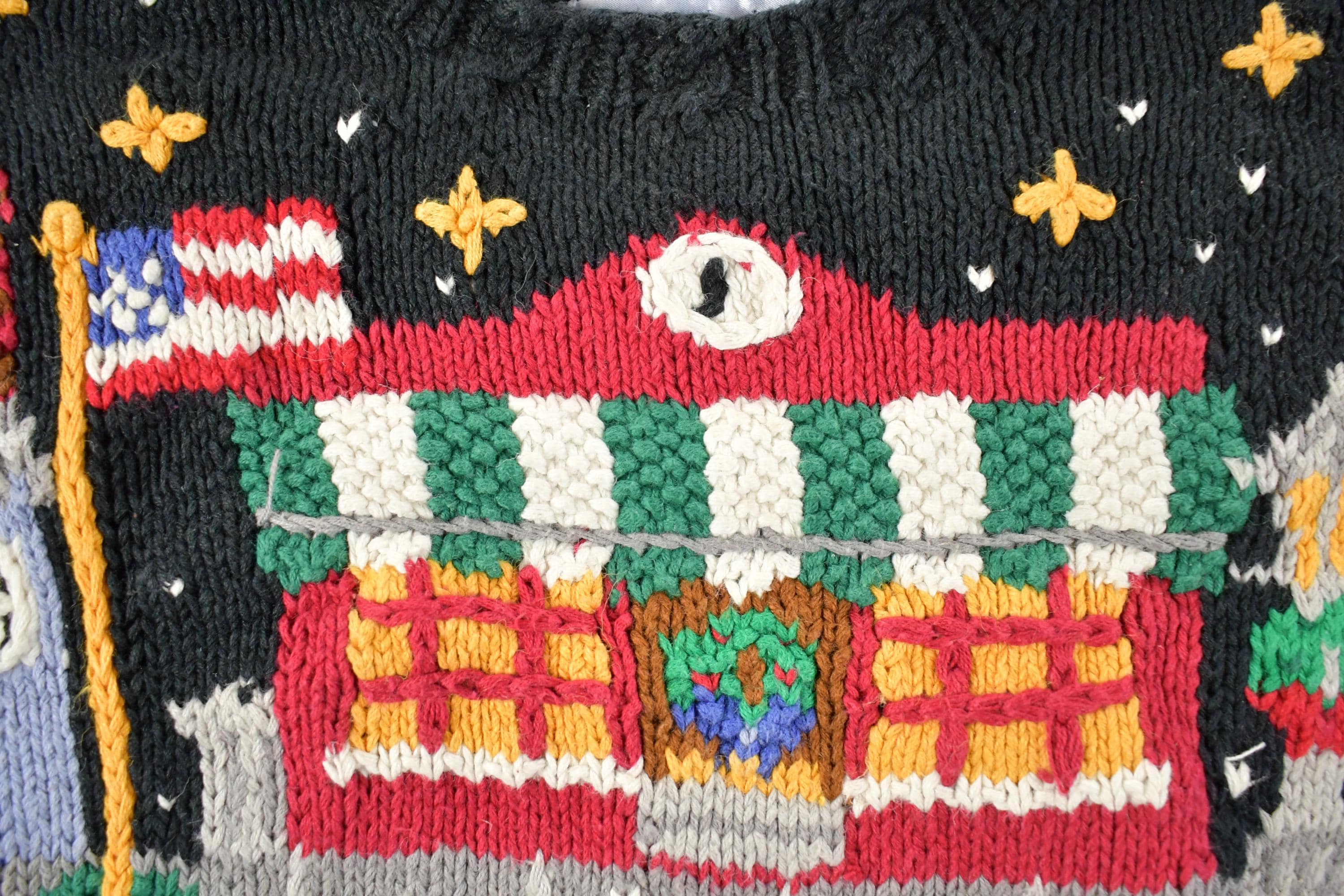 Vintage 1990s Northern Isles Christmas Town Button Up Cable Knit By Hand Crewneck Sweater