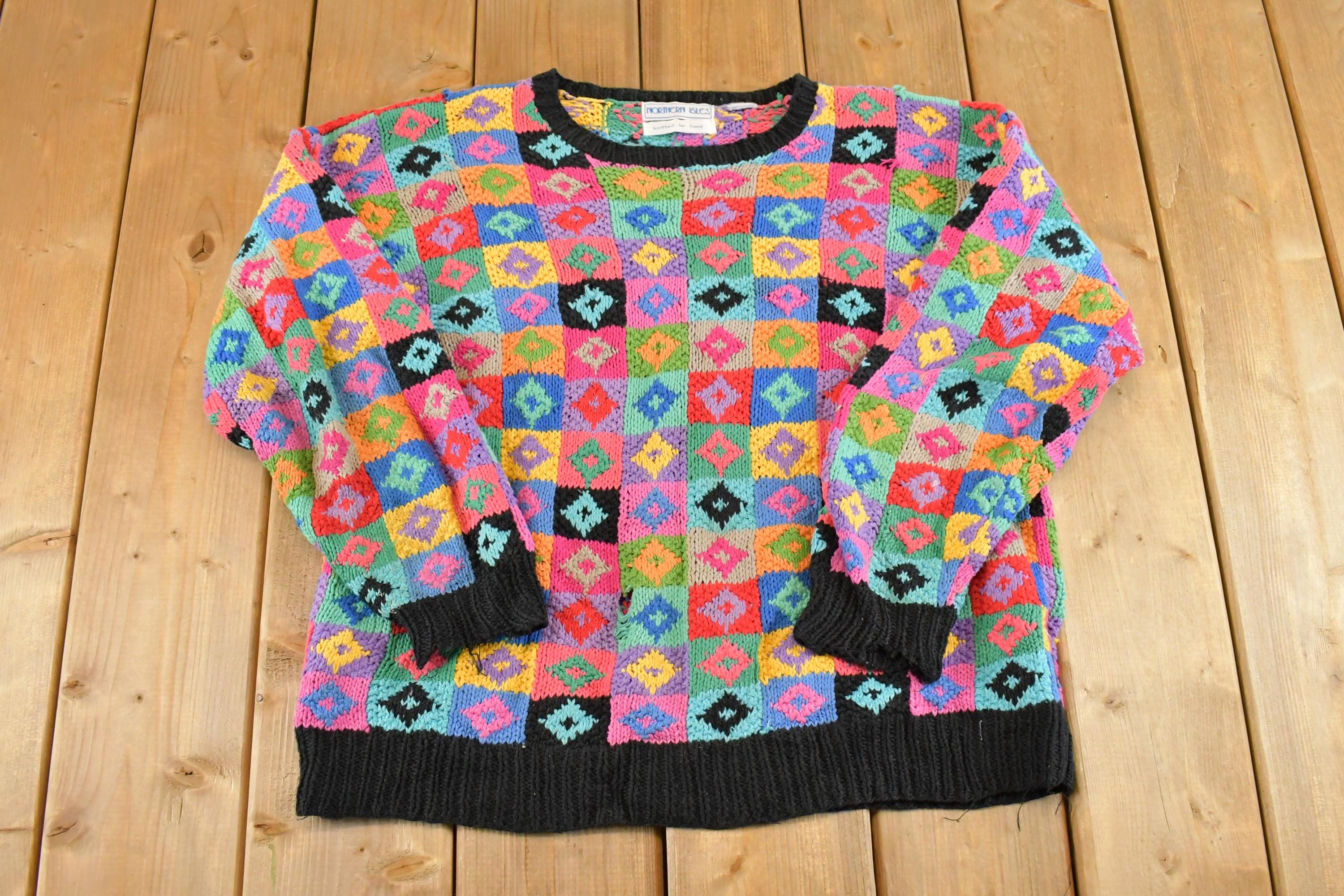 Vintage 1990s Northern Isles Knit Crewneck Shirt Womens L / 90's Abstract Pattern 3D Knitted Sweatshirt