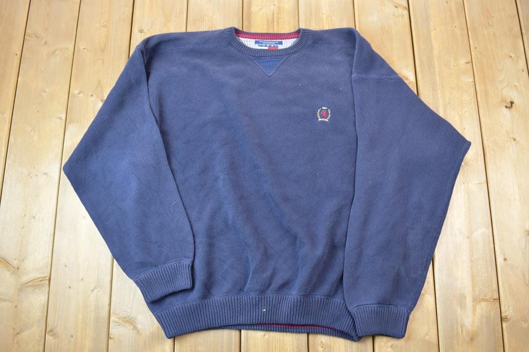 Vintage 1990s Tommy Hilfiger Classic Navy Knit Crewneck Sweater  90s Crewneck  Made In USA  Preppy Crest Logo