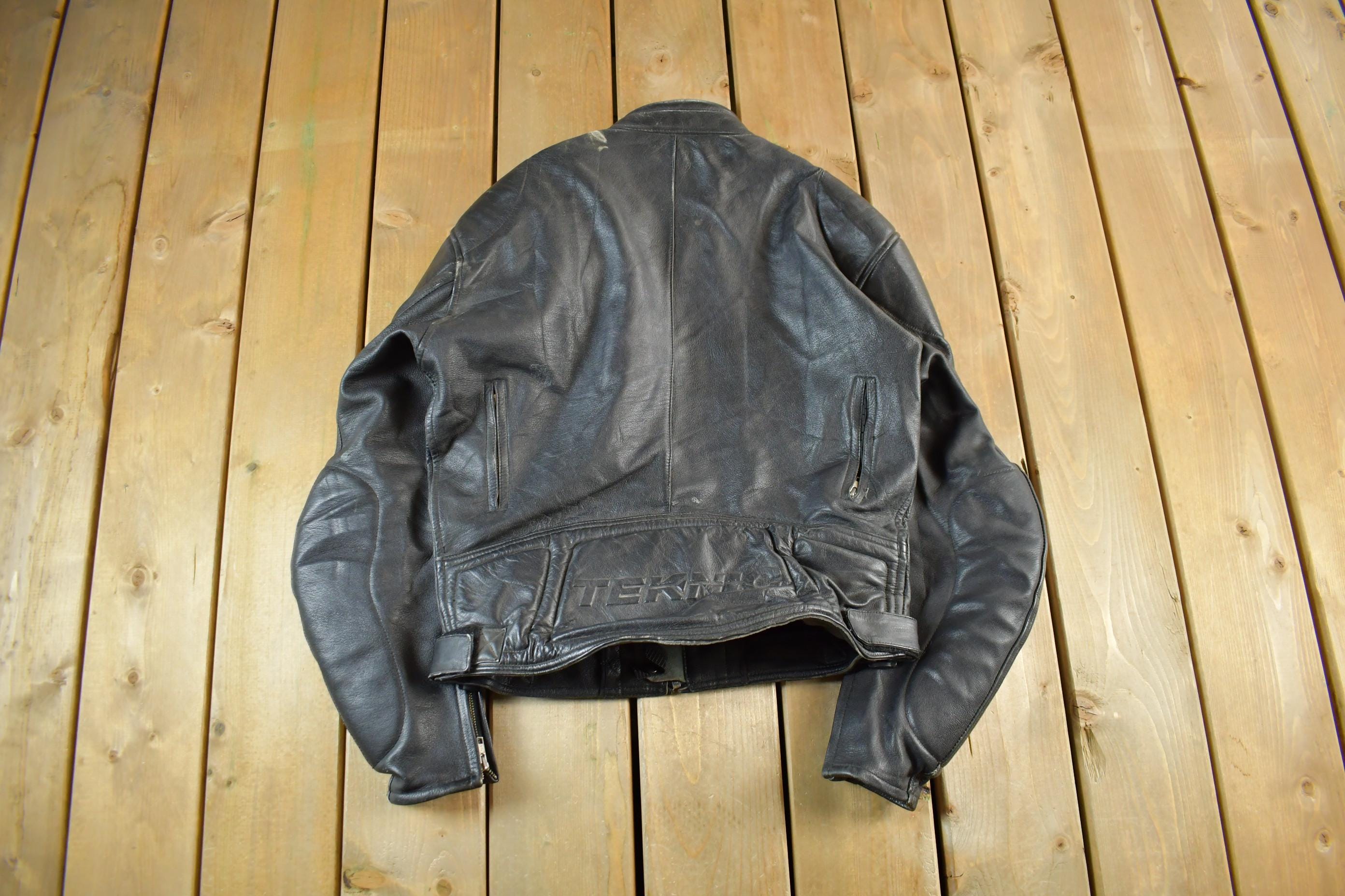 Vintage 1990s Genuine Leather Biker Jacket Padded Sleeve Adult Large