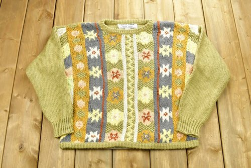 Vintage 90's Kitty Hawk Crochet Knit Sweater / Vintage 90s Crewneck / Abstract Pattern Sweater / Outdoor / Beaded / Pullover Sweatshirt