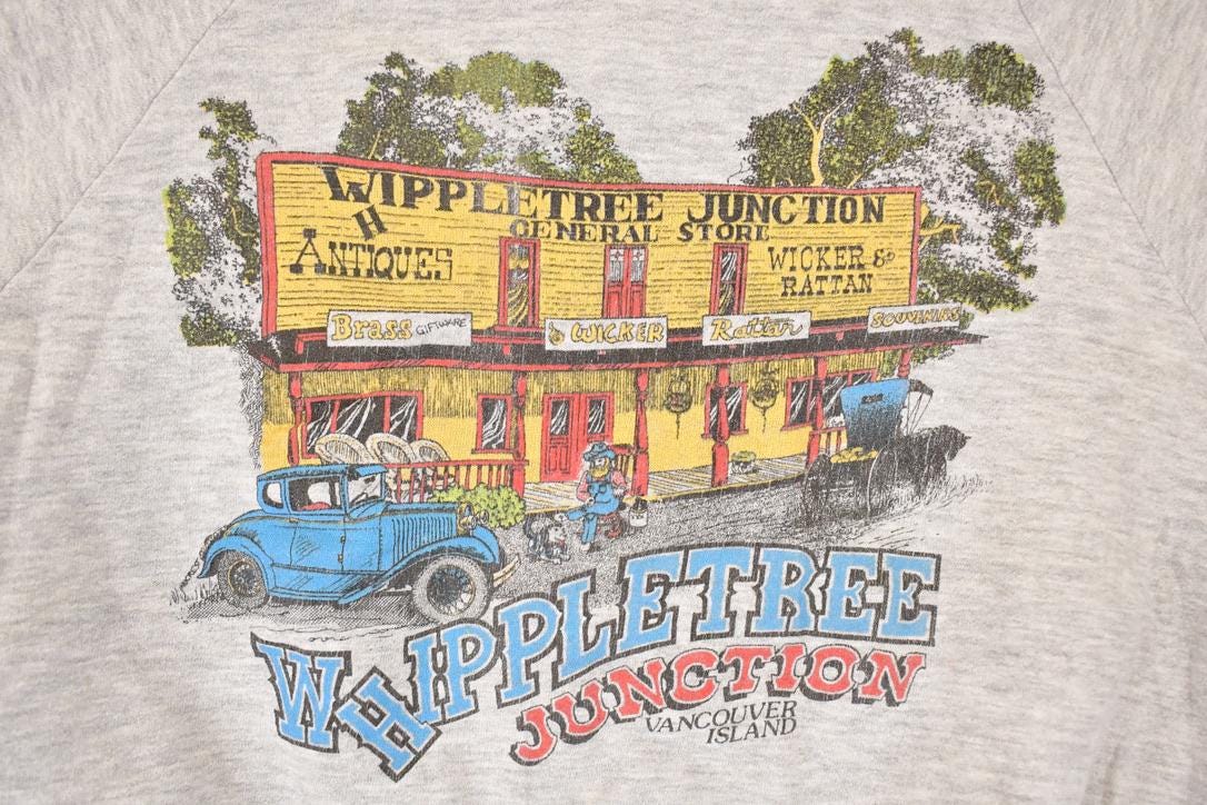 Vintage 1990s Whippletree Junction Vancouver Island Cartoon Graphic Print Crewneck Sweatshirt Men's L