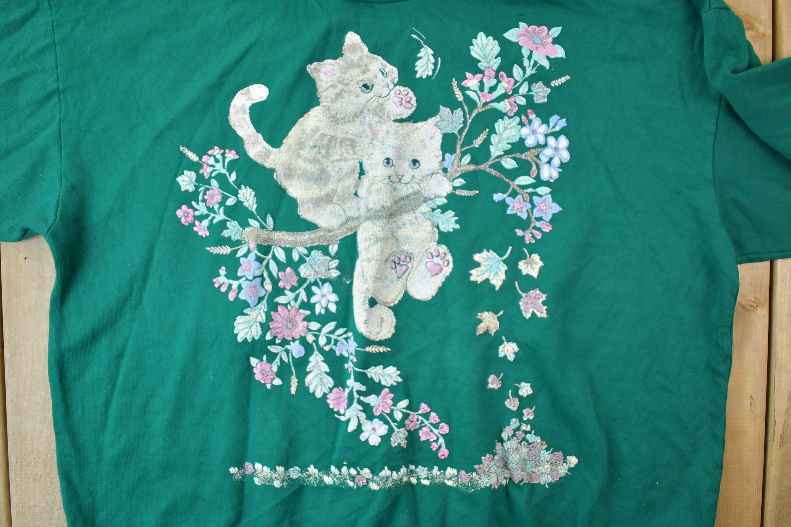 Vintage 1990s Flower Cat Turtleneck Sweater