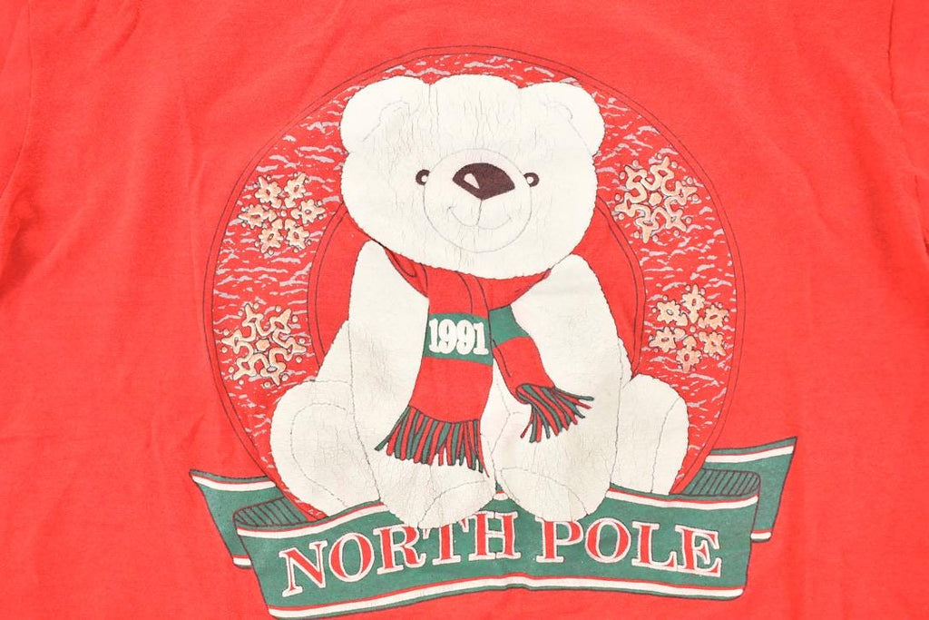 Vintage 1991 Cute Teddy Bear North Pole Christmas Crewneck T Shirt Men's L