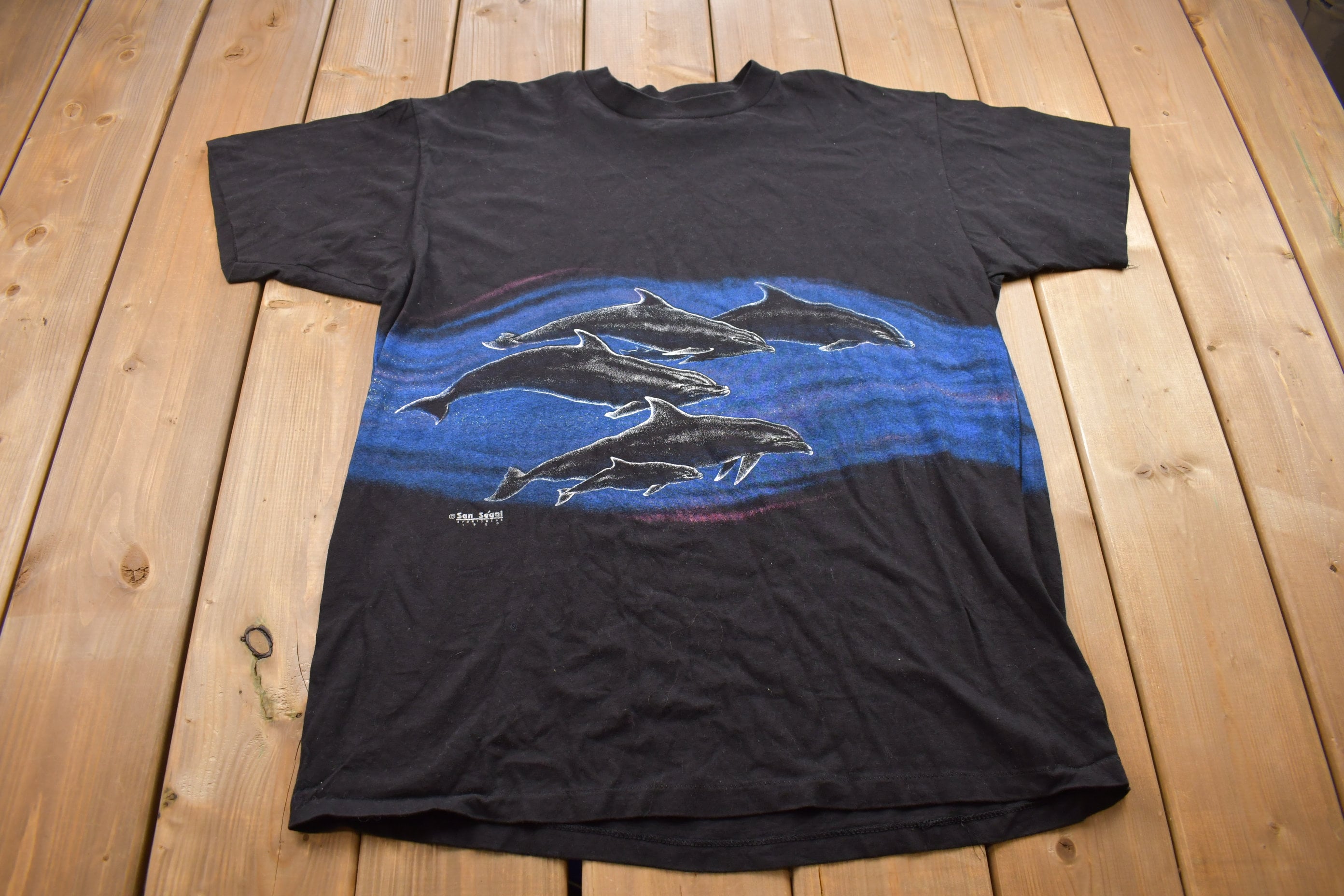 Vintage 1990 Swimming Dolphins Graphic Oneita T Shirt