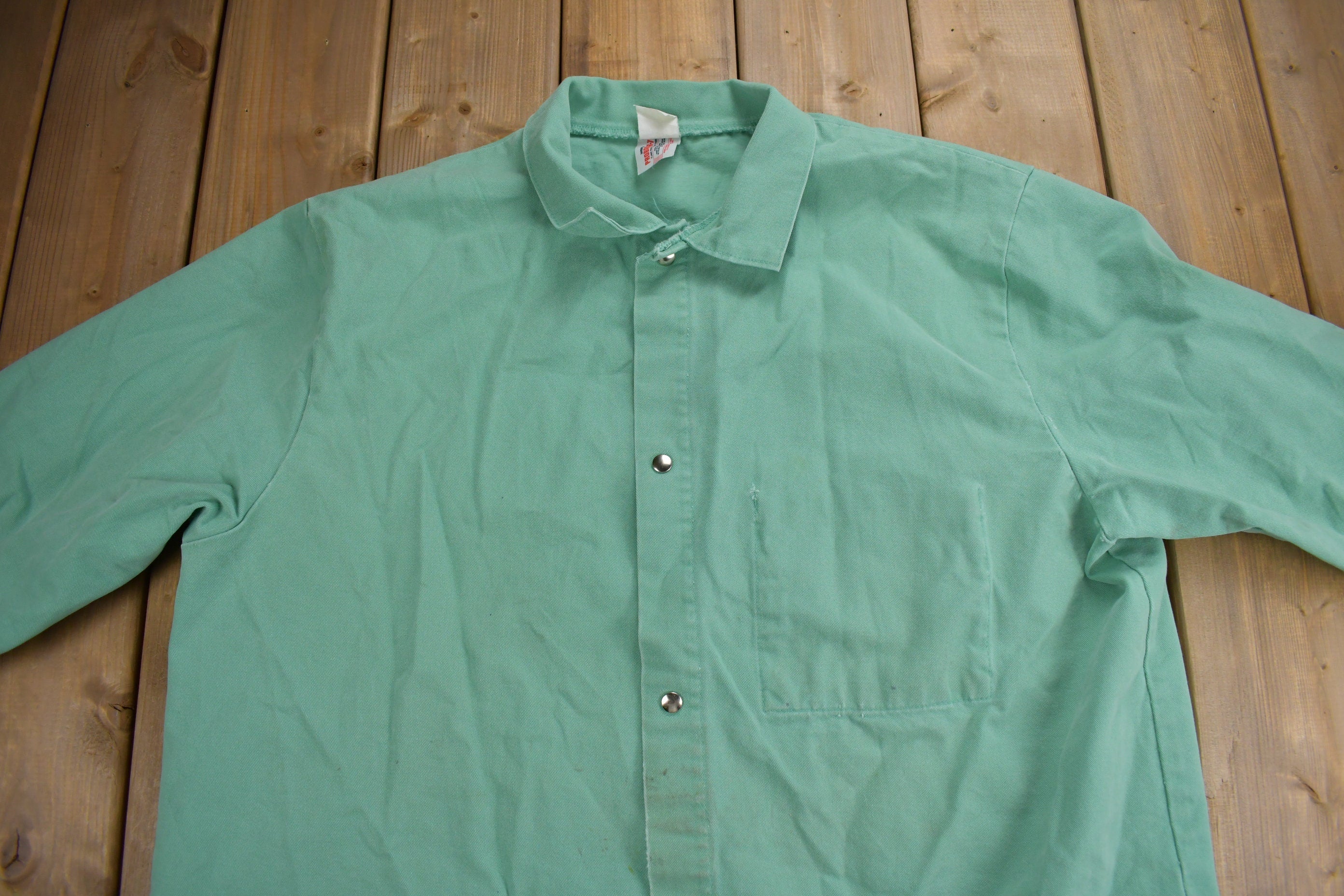 Vintage 1990s Blank Turquoise Flame Resistant Cotton Button Up Shirt