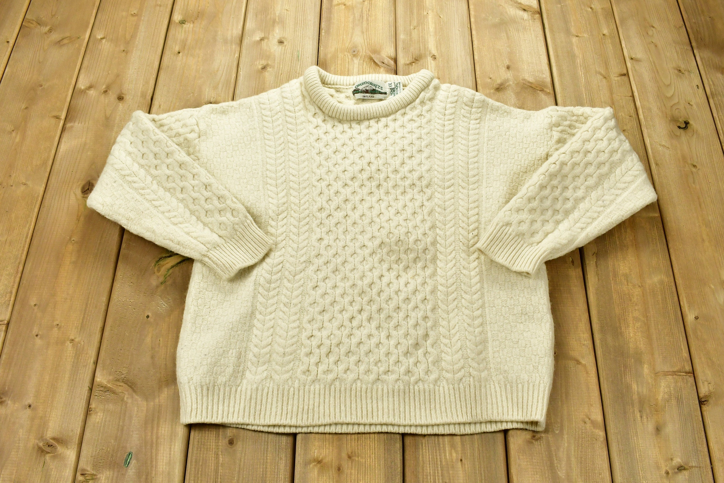Vintage 1990s Aran Crafts 100% Merino Wool 3D Cable Knit Sweater