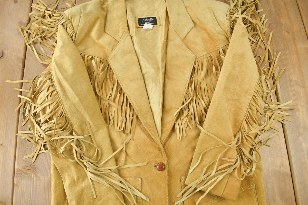 Vintage 1990s Arella Beige Suede Fringe Jacket