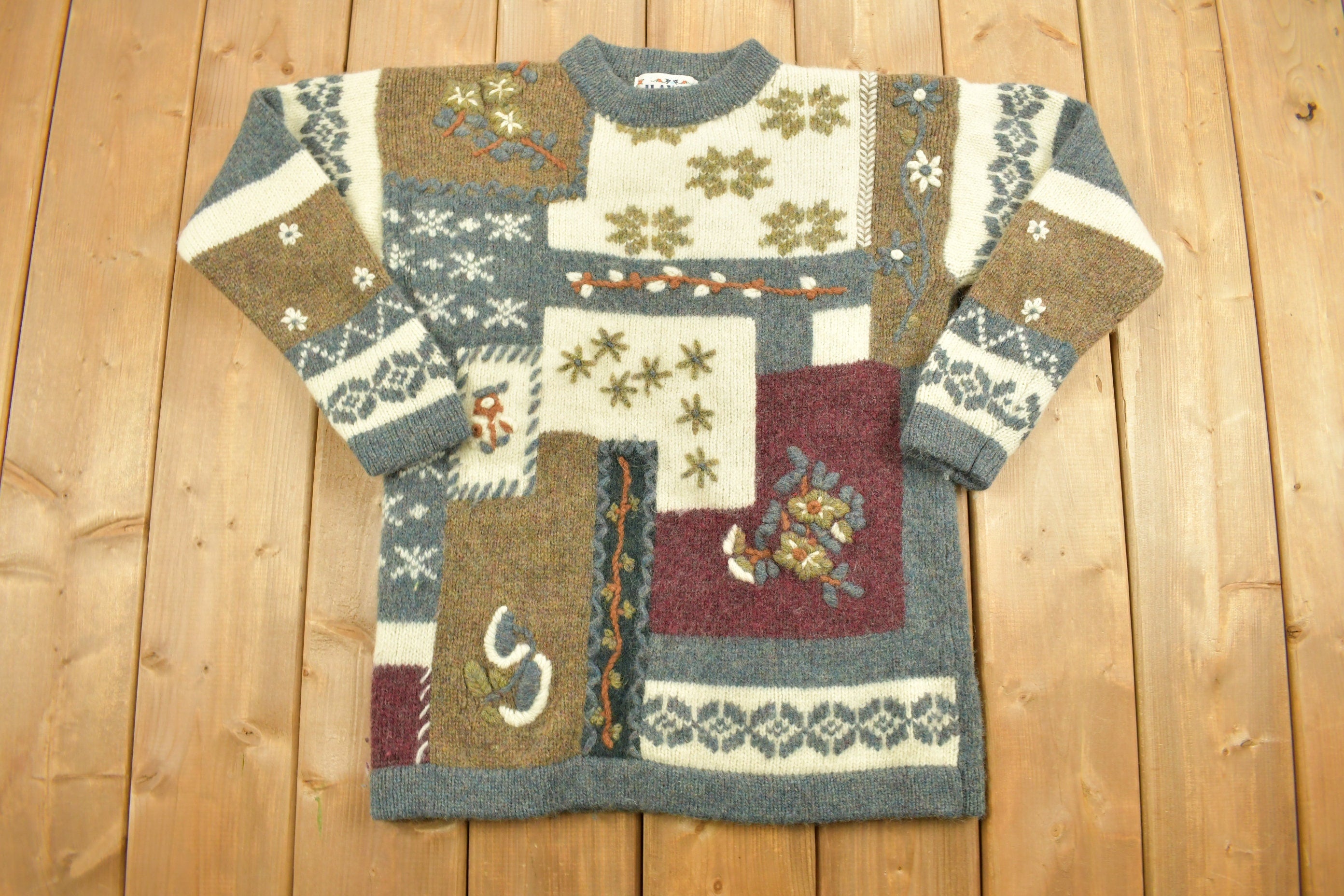 Vintage 1990s Ilanco Patchwork Knitted Crewneck Sweater  Vintage 90s Crewneck  All Over Pattern  Abstract Pattern  Pure Wool