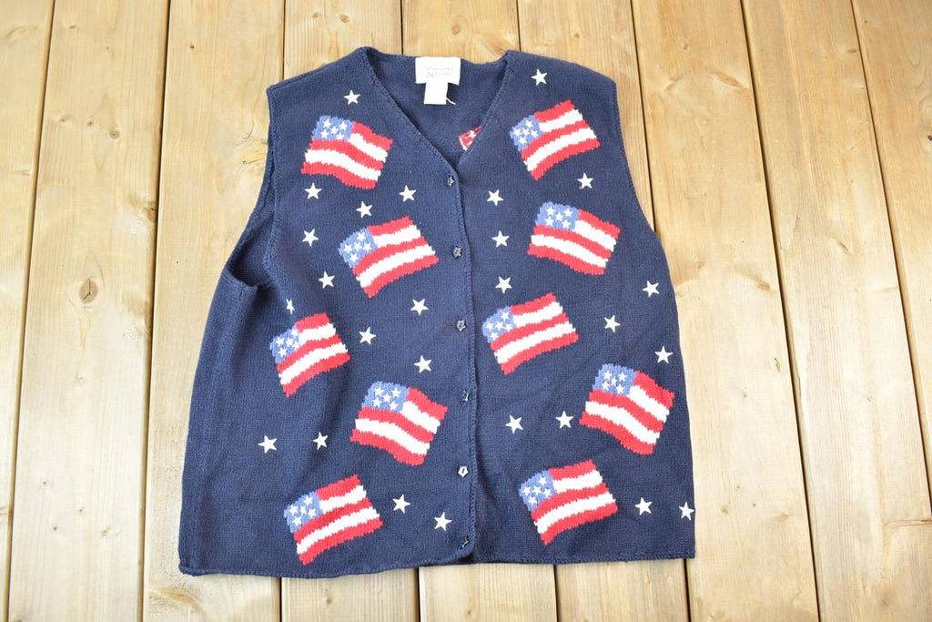 Vintage 1990s Christopher & Banks AOP American Flag Knit Abstract Pattern Cardigan Sweater Vest