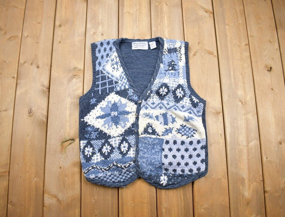 Vintage 1990s 3D Winter Colored Cable Knit Sweater Vest / Vintage 90s Vest / Abstract Patterns / Hand Knitted