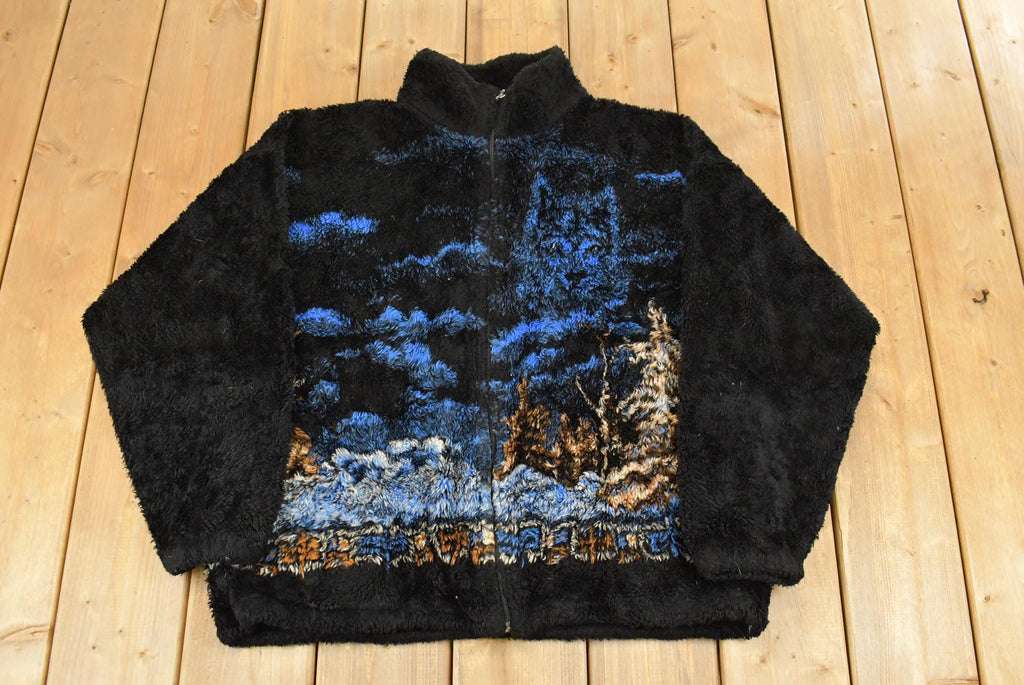 Vintage 1990s Bear Ridge Winter Wolf Theme Full Zip Fleece Sweater Jacket Men's XL