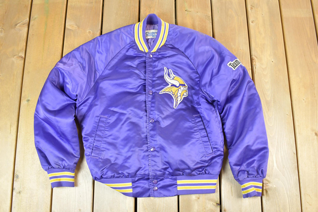 Vintage 1980s Minnesota Vikings Team NFL Football Chalk Line Satin Button Up Bomber Embroidered Puffer Jacket