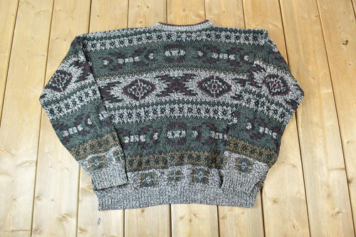 Vintage 1990s Expressions Knit Abstract Pattern Crewneck Sweater / 90s Crewneck / Preppy Knits / Wool Blend / Cotton Blend