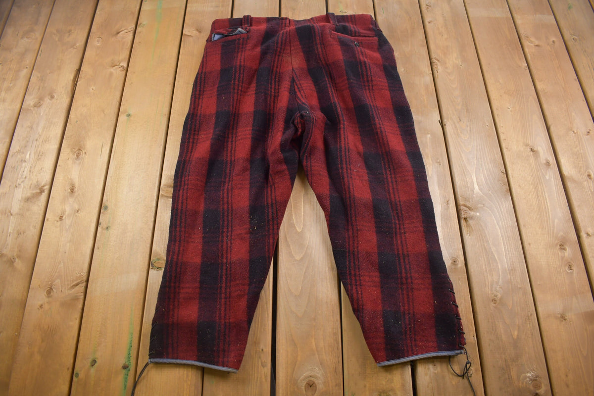 1980s Vintage Red & Black Plaid Wool Trousers 38 x 25