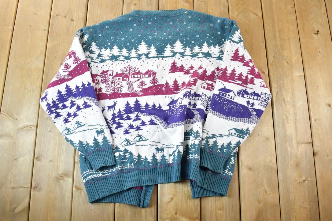 Vintage 1990s Northern Reflections Aop outdoors Knit Abstract Pattern Button Up Crewneck Sweater
