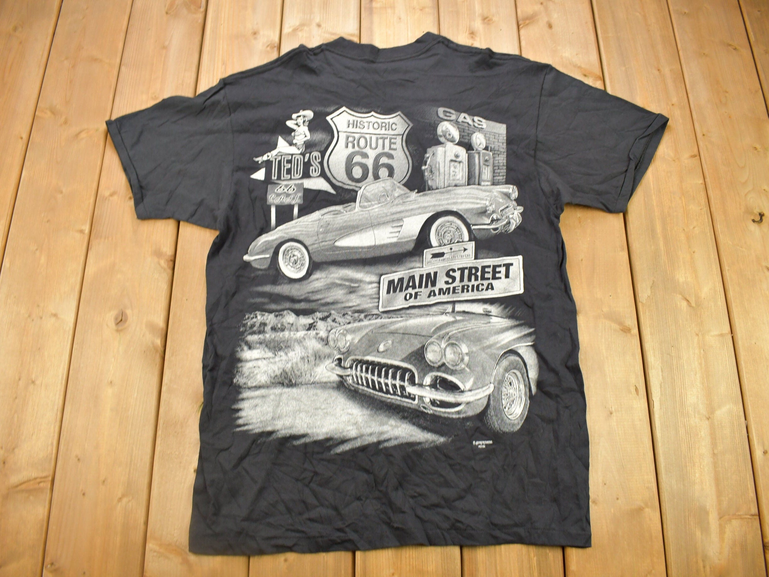Vintage 1990s Main Street Of America Route 66 Classic Car Graphic T Shirt