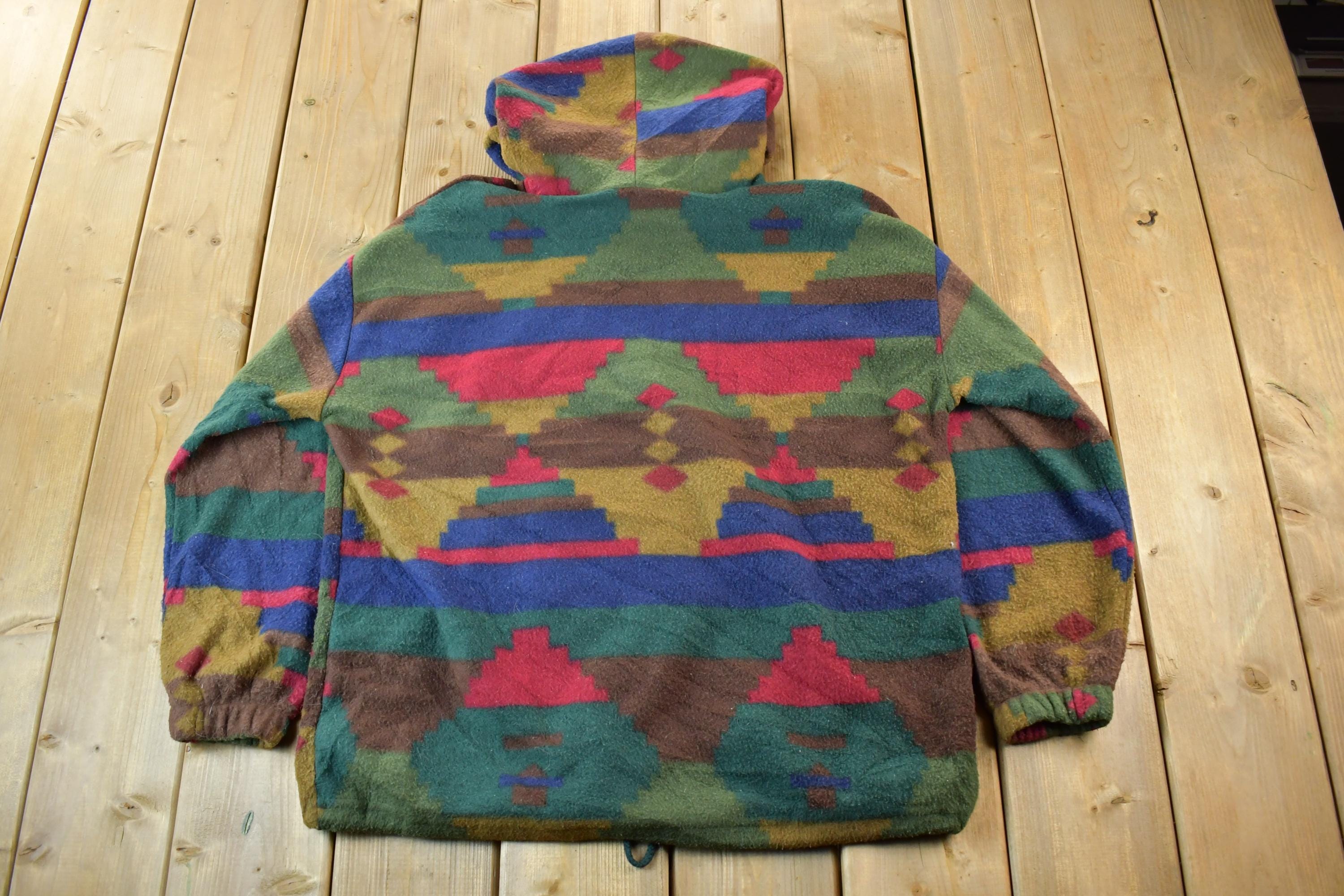 Vintage 1990s Denim Republic Aztec Pattern Fleece Hoodie Men's Medium