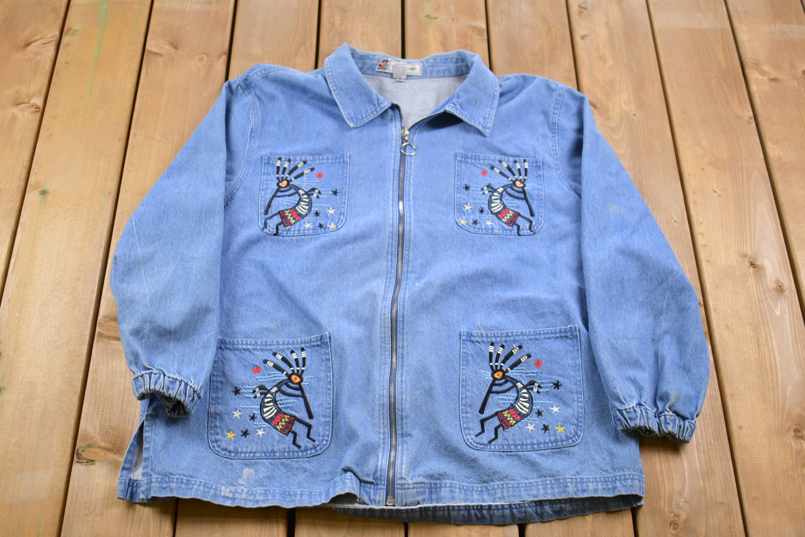 Vintage 1990s Passion-1 Embroidered Denim Jacket / 1980s Jacket / Vintage Denim / Vintage Jean Jacket / Trucker Jacket / Zip Up Jacket