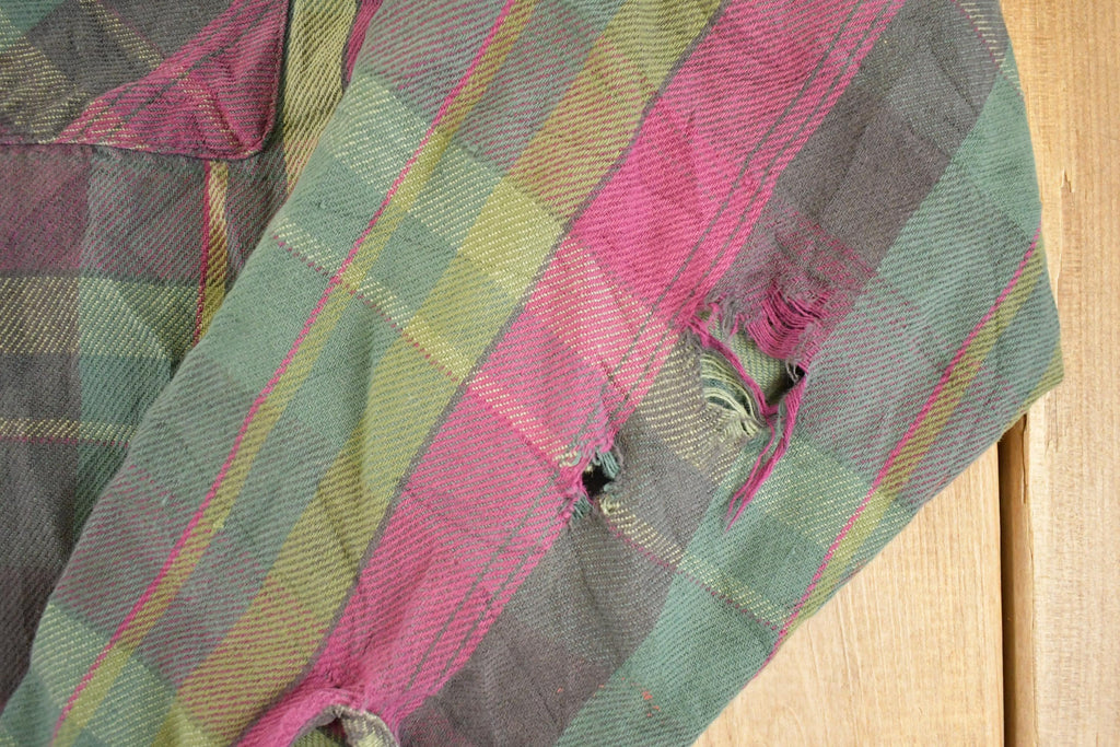 Vintage 1990s Five Brother Thrashed Plaid Button Up Shirt Men's L / 90's Rugged Polo