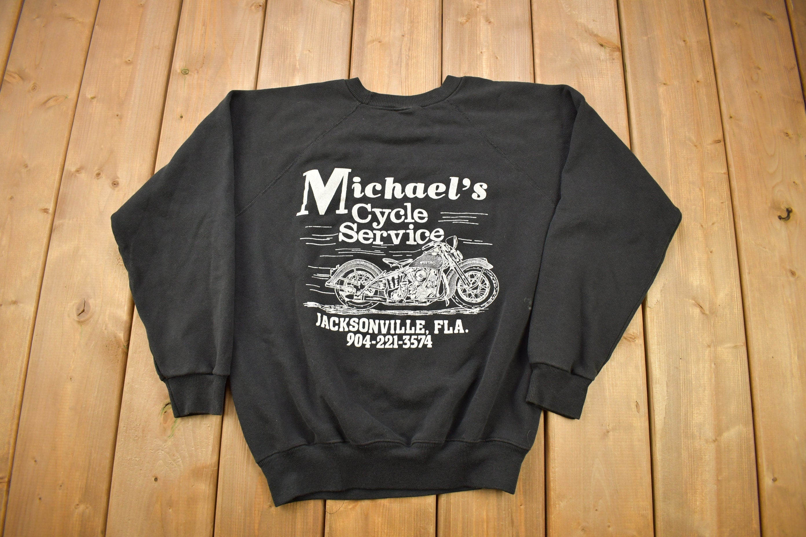 Vintage 1986 Hawg Gone Wild 3D Emblem Biker Graphic Raglan Crewneck Sweatshirt