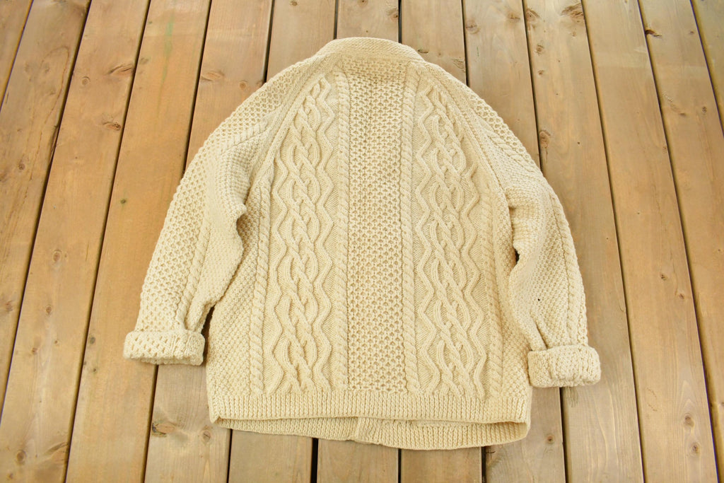 Vintage 1980s Bunratty Hand Knit Wool 3D Cable Knit Cardigan Sweater Men's Large