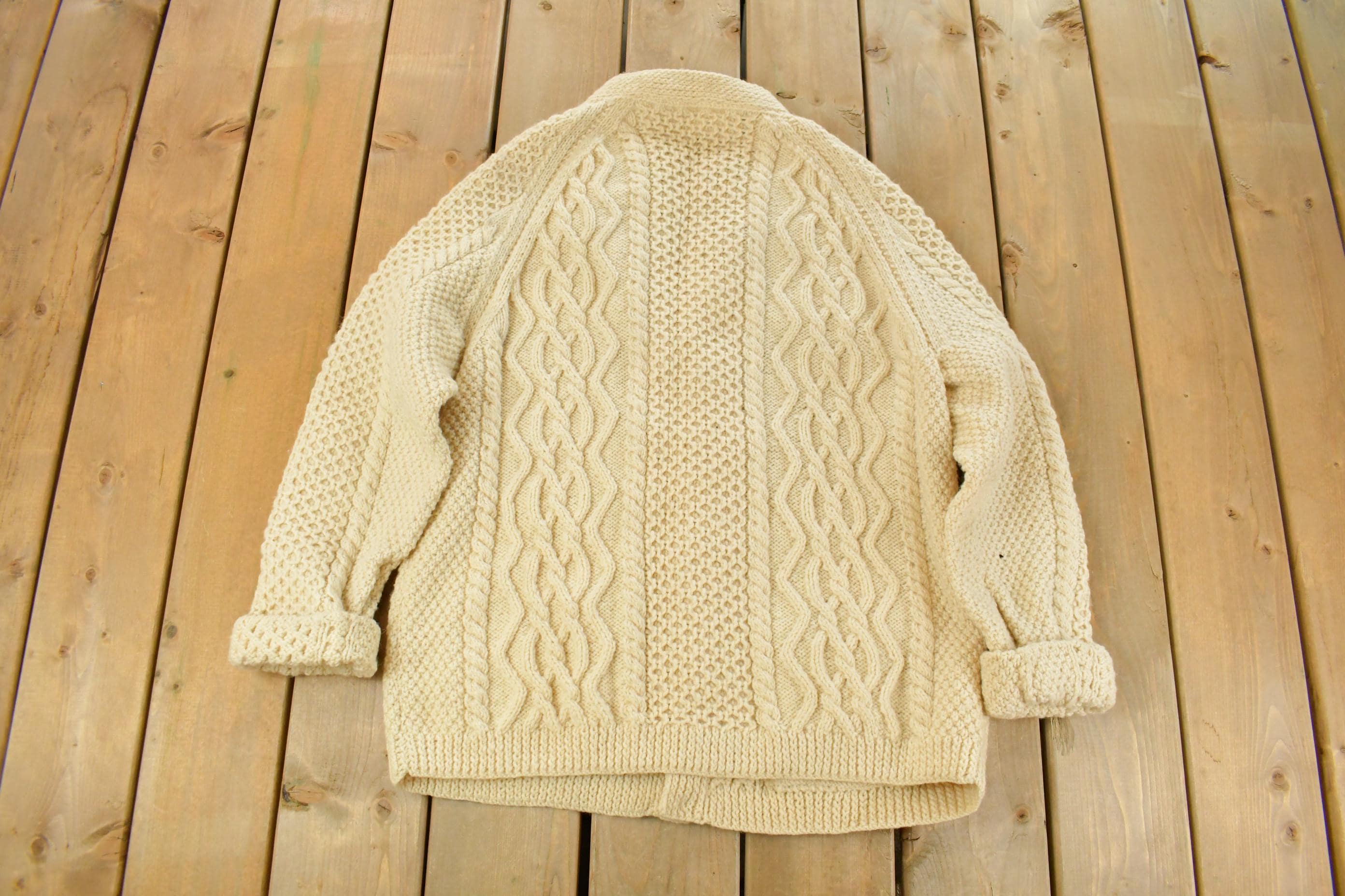 Vintage 1980s Bunratty Hand Knit Wool 3D Cable Knit Cardigan Sweater Men's Large
