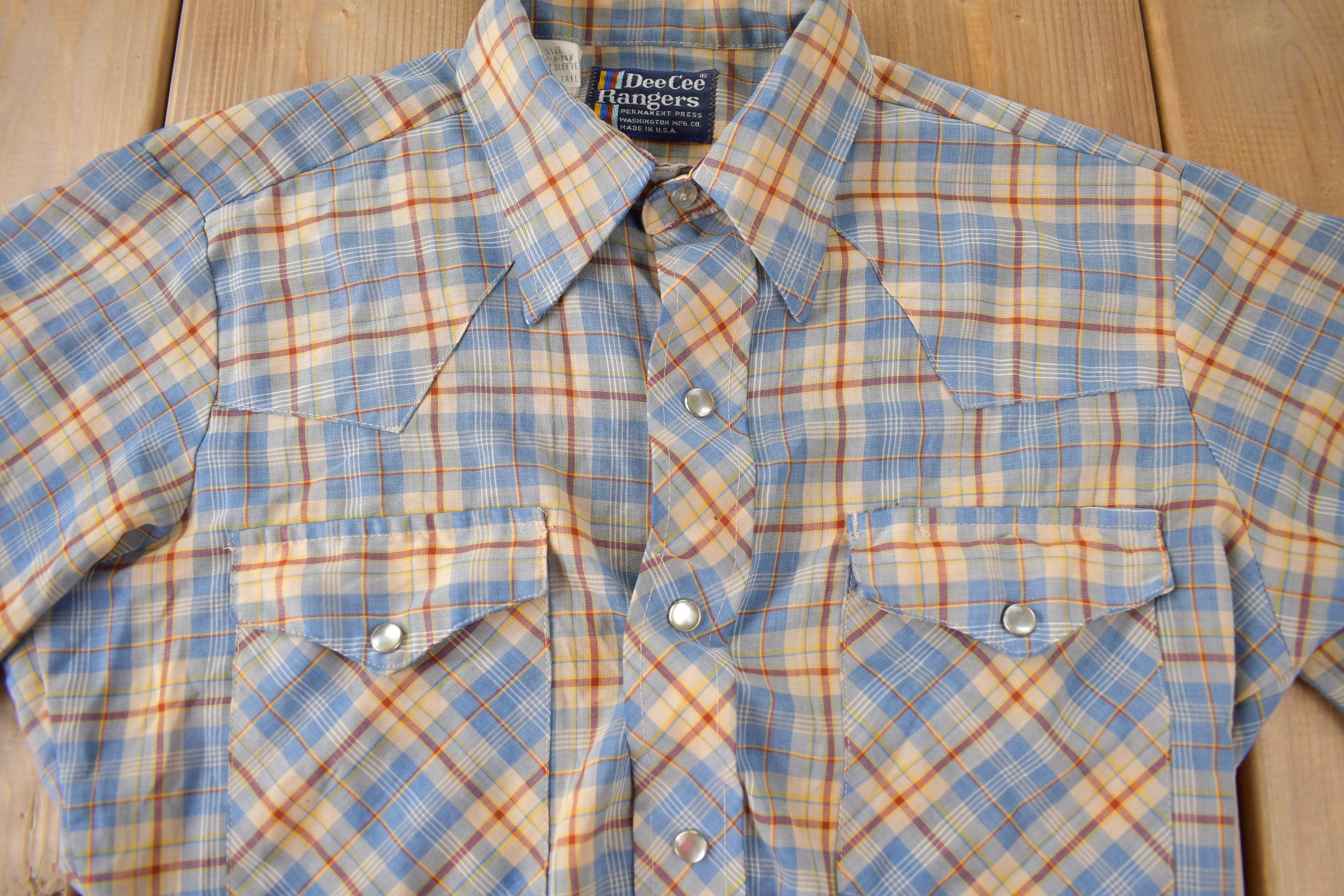 Vintage 1980s Dee Cee Rangers Pearl Snap Plaid Button Up Flannel Shirt Made In USA Size S