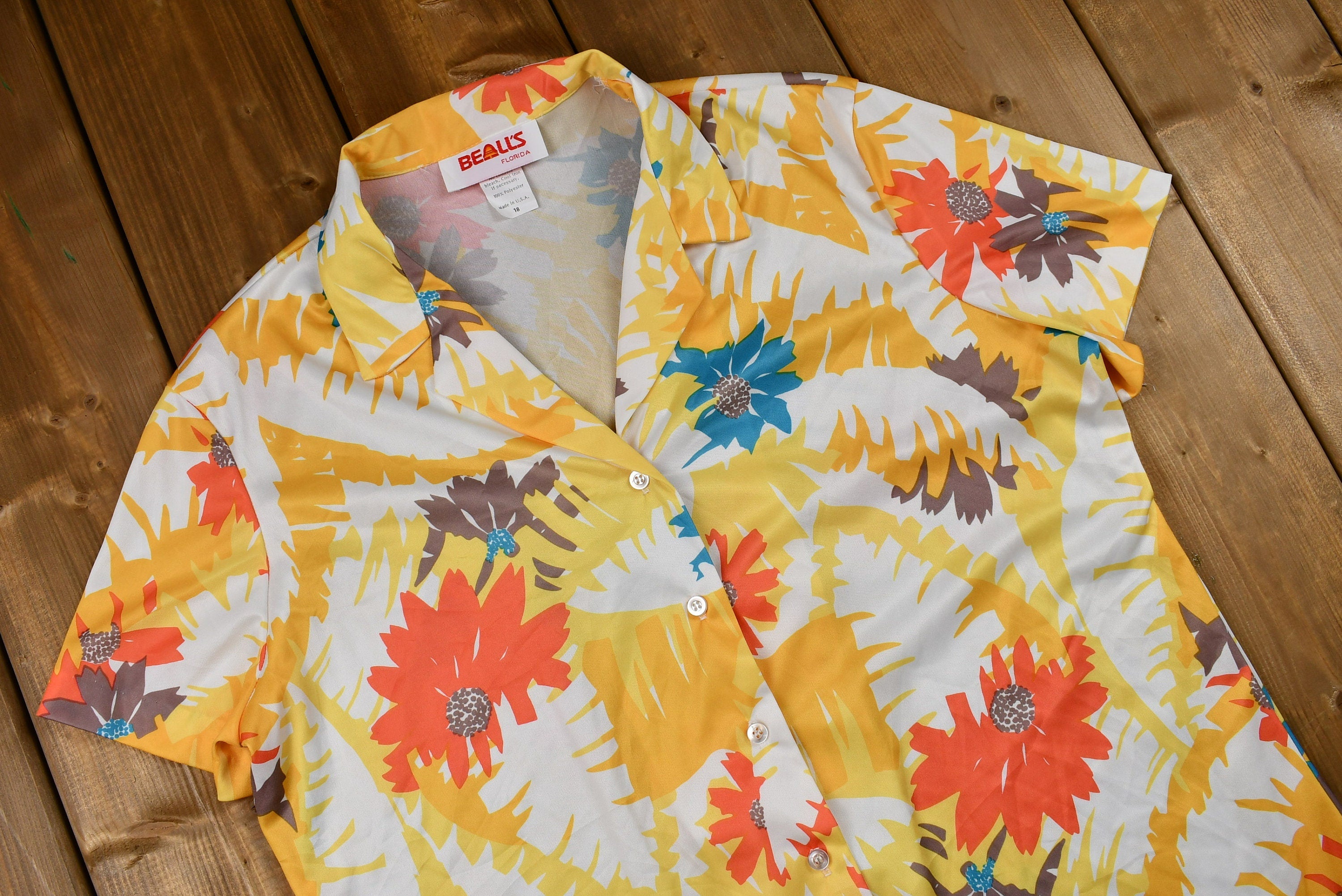 Vintage 1970s Rainbow Abstract Floral Print Button-Up Blouse