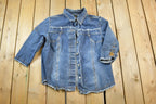 Vintage 1990s Ashley Stewart Leather Tie Sleeve Jean Jacket Made In USA