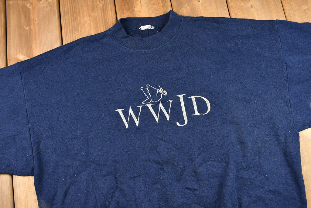 Vintage 1990s Distressed WWJD Embroidered Crewneck Sweatshirt , What Would Jesus Do , Dove , Athleisure , Vintage Streetwear