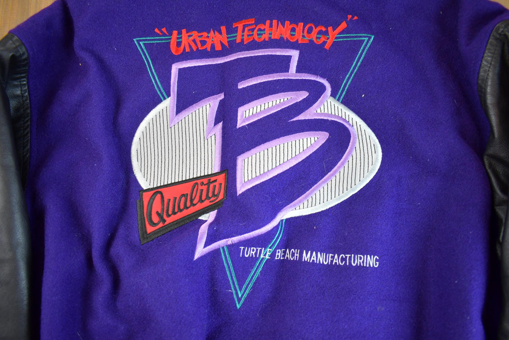 Vintage 1980s Leather & Wool Turtle Beach Urban Technology Embroidered Varsity Jacket Made In USA