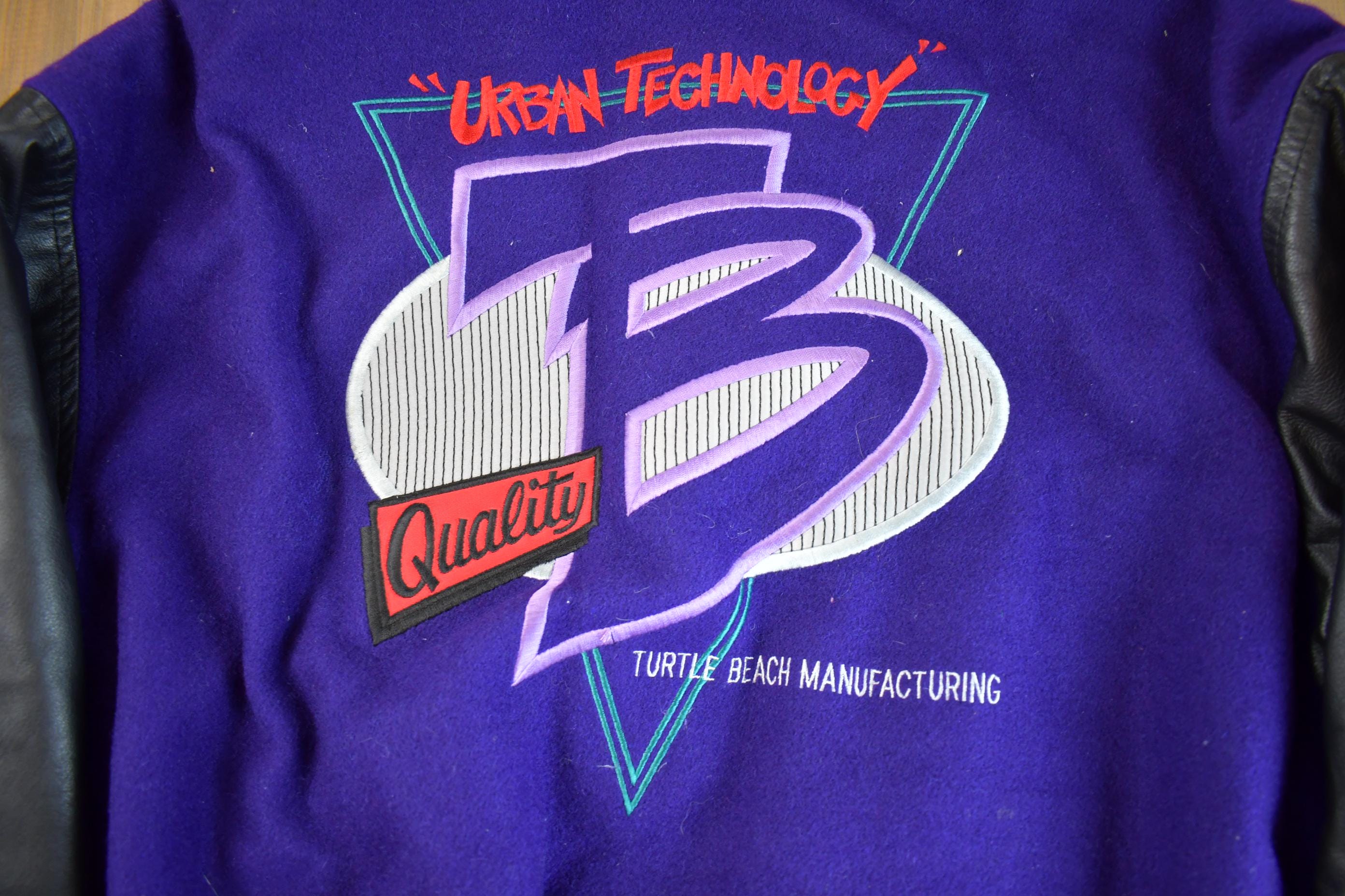 Vintage 1980s Leather & Wool Turtle Beach Urban Technology Embroidered Varsity Jacket Made In USA