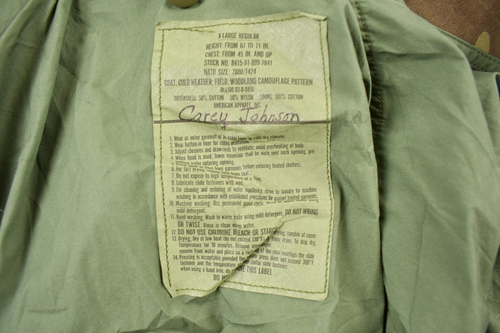 Vintage 1993 Army Woodland Camo Cold Weather Military Field Jacket