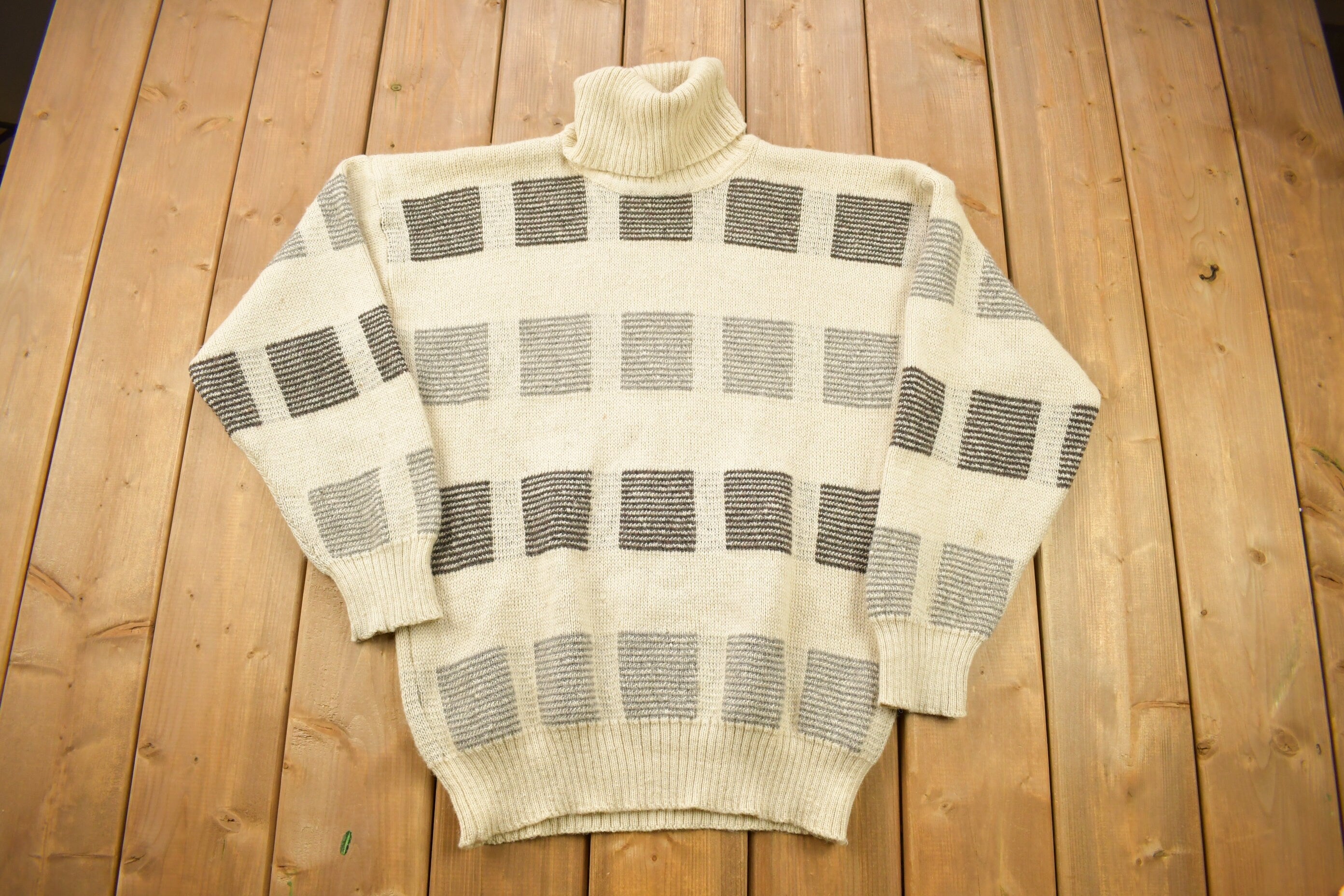 Vintage 1990s Illimani 100% Alpaca Wool Patchwork Knitted Turtleneck Sweater