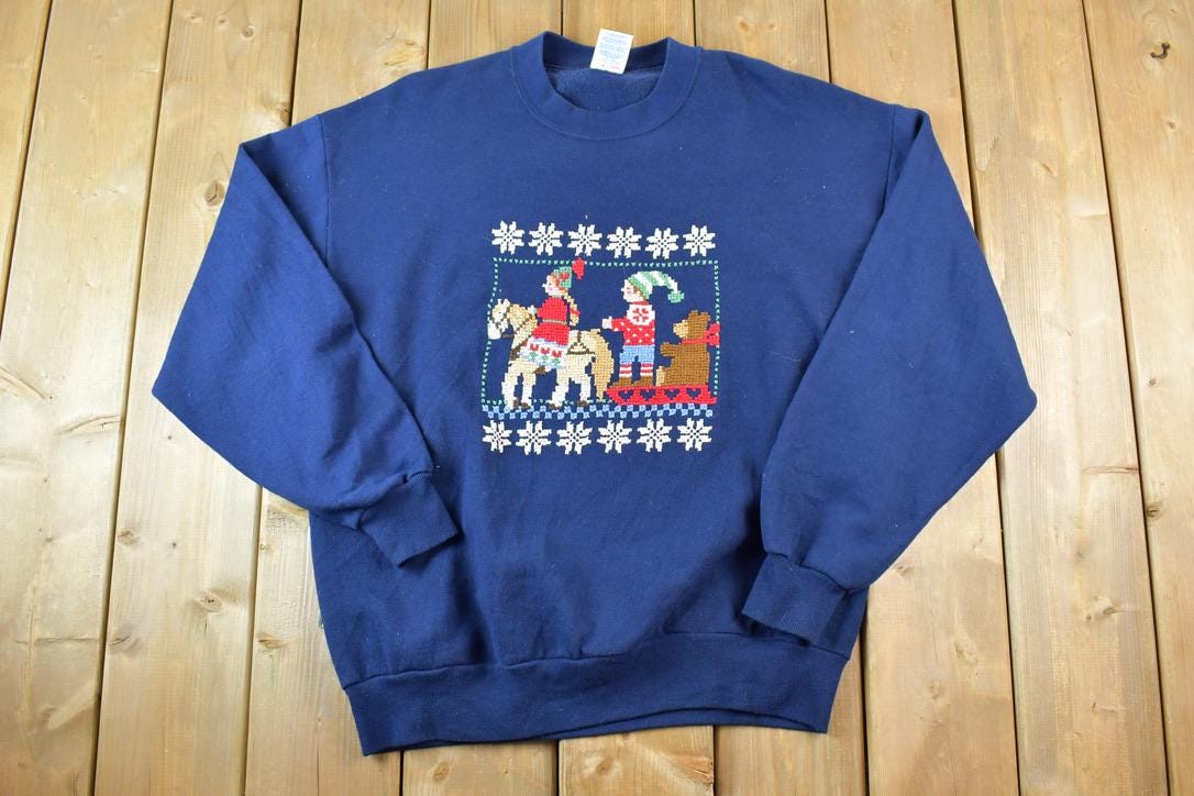 Vintage 1990s Christmas Elves Embroidered Crewneck Sweatshirt
