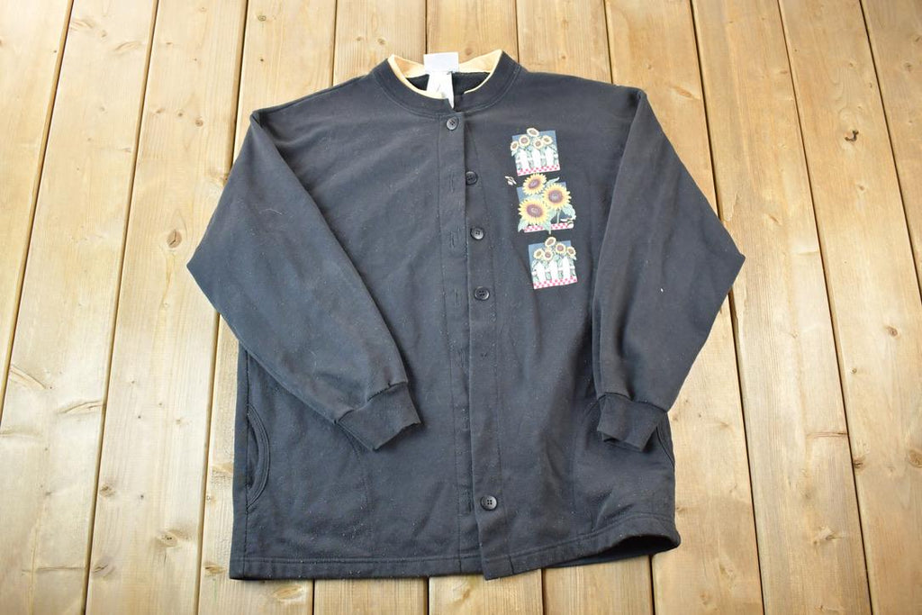 Vintage 1990s Morning Sun Double Collar Full Button Sunflowers Souvenir Crewneck Sweatshirt Made In USA