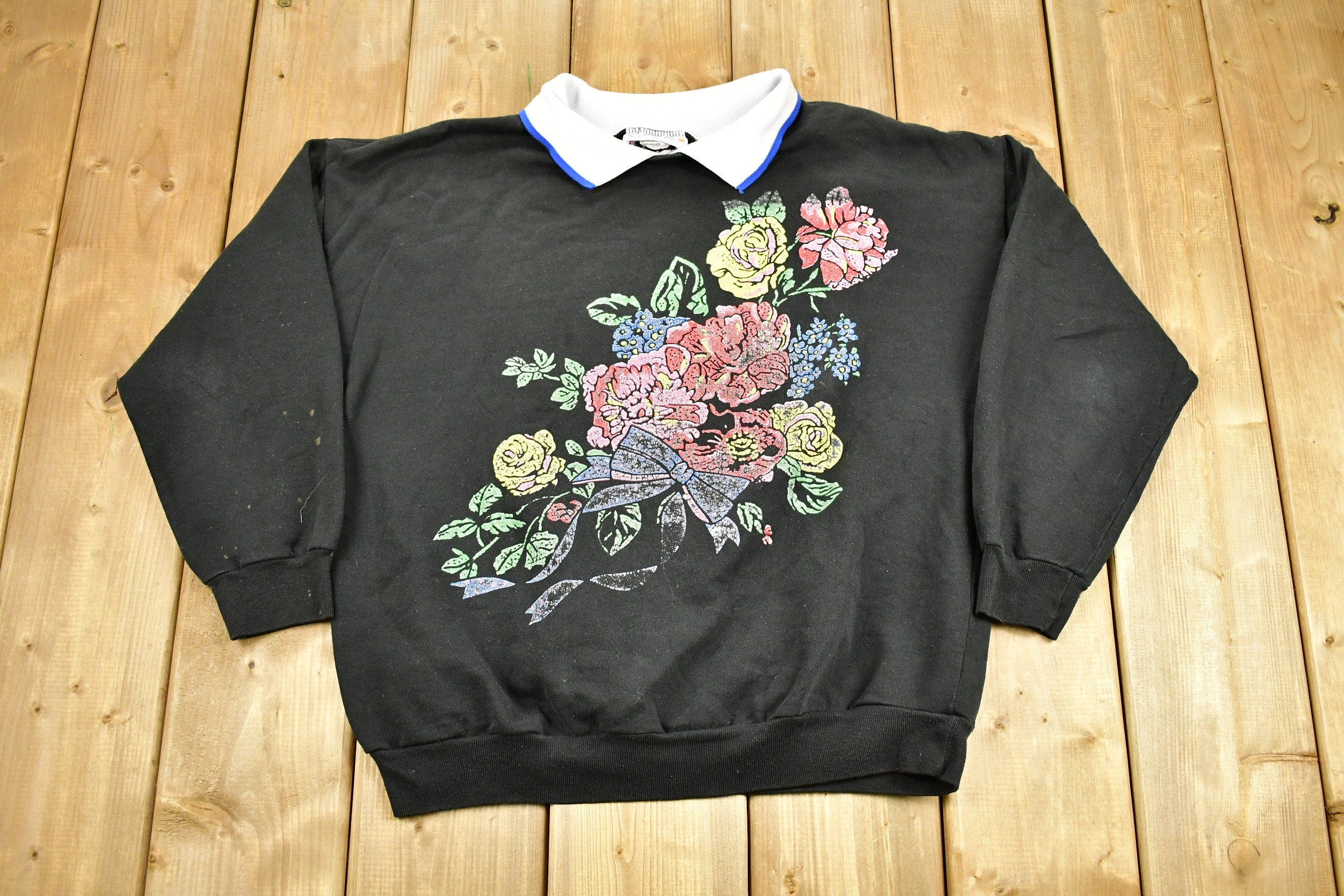 Vintage 1990s Floral Graphic Cute Collared Crewneck Sweater
