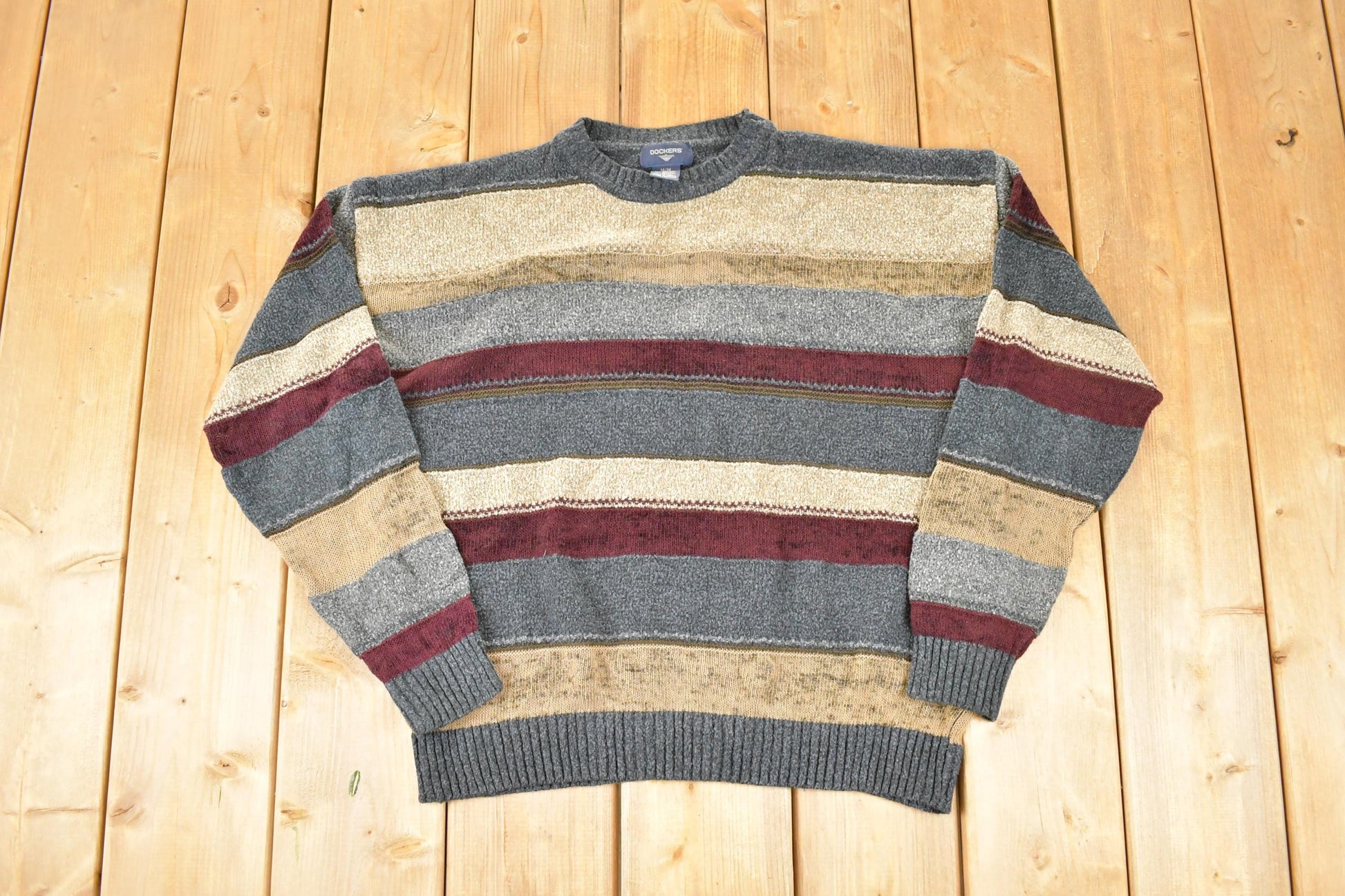 Vintage 1990s Dockers Striped Knit Crewneck Sweater Men's M-L / 90s Knitted Sweatshirt / Vintage Preppy Knits