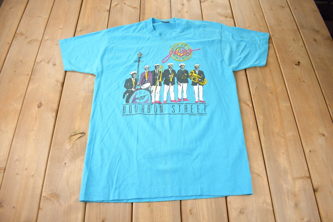 Vintage 1988 Bourbon Street New Orleans Jazz Graphic Souvenir Travel T Shirt Made In USA