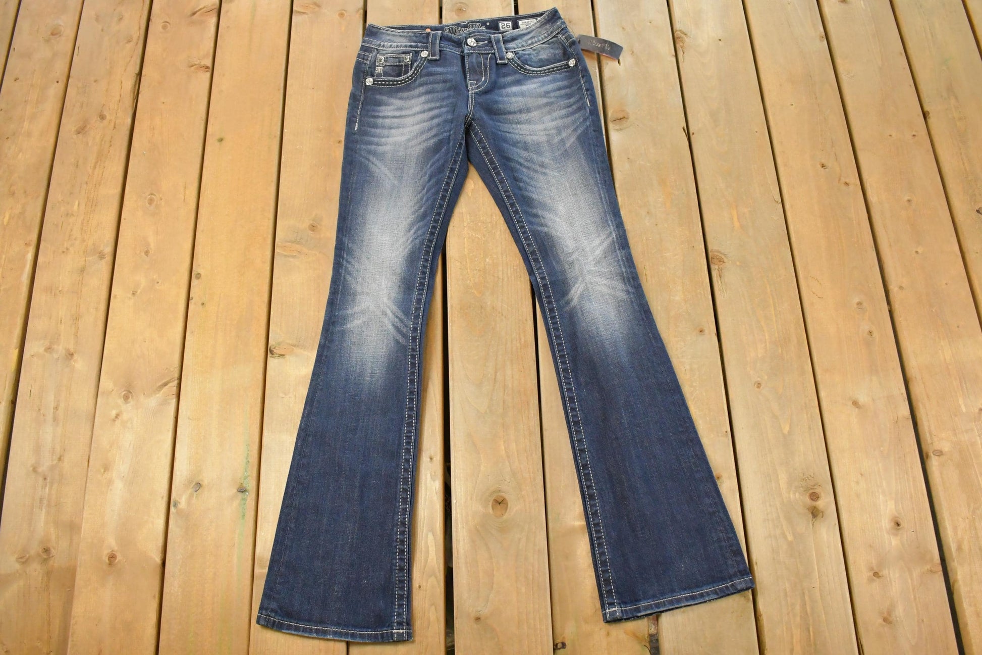 Vintage Deadstock Y2K Miss Me Bedazzled Low Rise Jeans Women's Size 26x31 / Boot Cut Jeans / 2000's Embroidered Contrast Stitched Denim